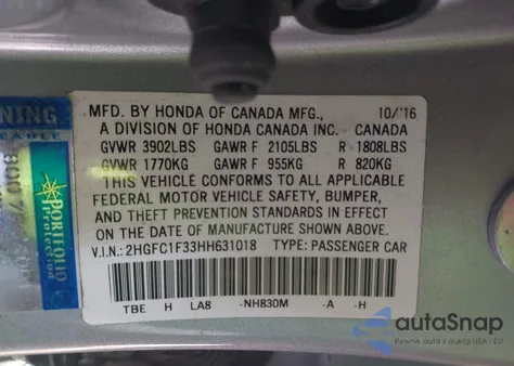 2017 Honda Civic Ex-T z USA, uszkodzony, nr VIN 2HGFC1F33HH631018